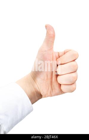 male hand shows thumb like in white shirt on a white background isolate Stock Photo
