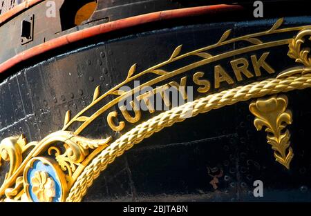 Name plate of 'Cutty Sark' the British tea clipper built1869 (fastest in the world) on display, pre 2007 fire,at the Royal Museums Greenwich,London,UK Stock Photo