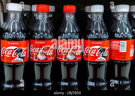 Tyumen, Russia-April 26, 2020: Coca Cola products are on display in a grocery store. Stock Photo