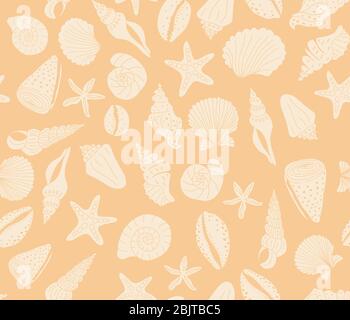 Seashells seamless vector pattern coral orange. Marine repeating background with seashells and starfish. Use for summer fabric, wallpaper, beach wear. Stock Vector