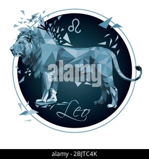 Zodiac sign Leo in a circle with the inscription. Astrological low poly isolated stock vector illustration isolated on white background. Stock Photo