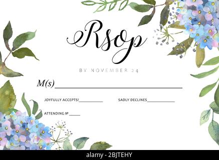 Wedding floral background with a blooming blue hydrangea and leaves. Hand drawn in watercolor. Excellent use for invitations, prints, greetings Stock Vector