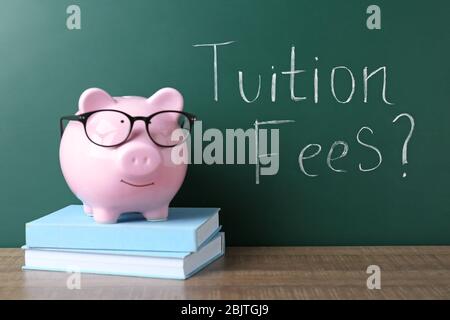 Chalkboard with question 'Tuition fees?' and piggy bank on notebooks Stock Photo