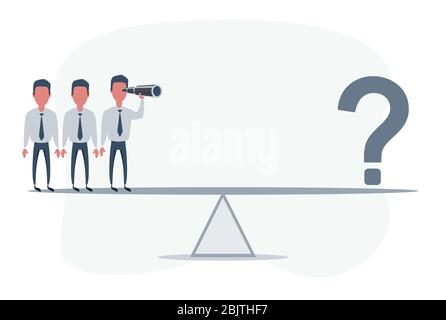 Businessman looking in future on seesaw. Man using telescope looking for success, opportunities, future business trends. Vision concept. Stock Vector