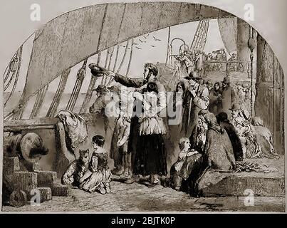 An 1860's print  showing a family of emigrants (with their pets) on deck aboard a ship in England waving goodbye to their families Stock Photo