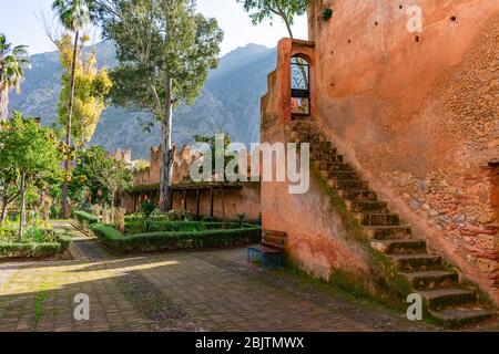Stairway leading up to a Wall around the Garden inside the Kasbah of Chefchaouen Morocco Stock Photo
