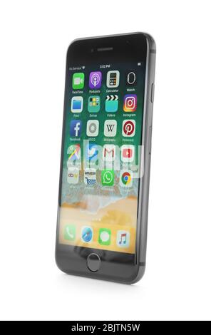 KYIV, UKRAINE - NOVEMBER 28, 2017: Space Gray iPhone 8 with icons on screen, isolated on white Stock Photo