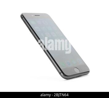 KYIV, UKRAINE - NOVEMBER 28, 2017: Space Gray iPhone 8 with icons on screen, isolated on white Stock Photo