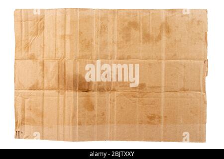 rectangular blank flat dirty sheet of cardboard - mockup for homeless placard, isolated on white background Stock Photo
