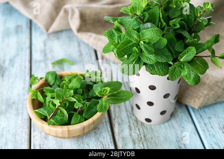 Fresh lemon balm in kitchenware on table Stock Photo