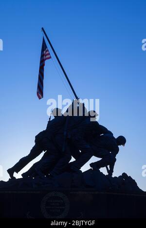 Silhouette of Iwo Jima Marines Memorial in Arlington, Virginia, USA Stock Photo
