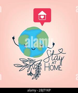 Stay at home text world cartoon leaves heart house and bubble vector design Stock Vector