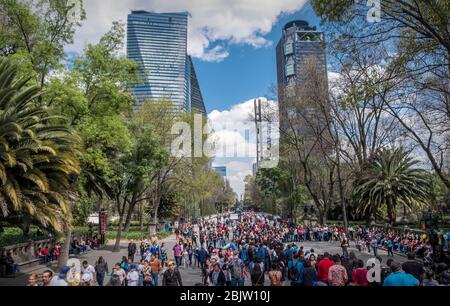 Crowds on Chapultepec Avenue looking towards city near Chapultepec Park, Mexico City, Mexico Stock Photo