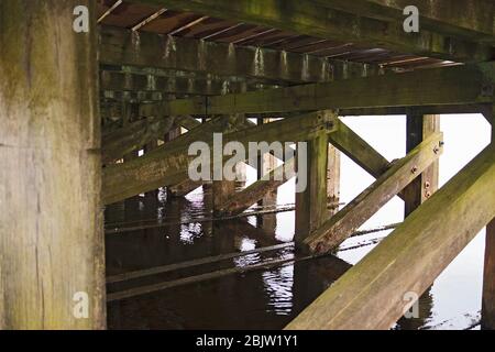 Wooden pier structure at Luss on Loch Lomond, Scotland Stock Photo