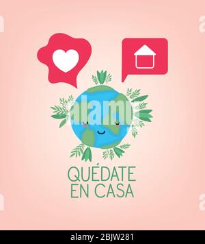 Quedate en casa text with world cartoon heart house bubbles and leaves vector design Stock Vector