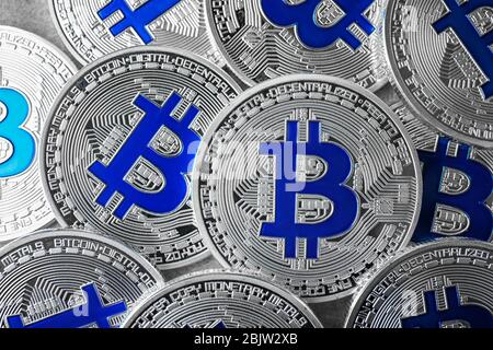 Many silver bitcoins, closeup Stock Photo