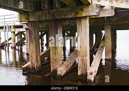 Wooden pier structure at Luss on Loch Lomond, Scotland Stock Photo