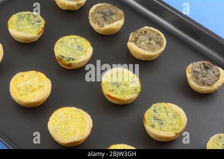 Frozen mini bite-size spinach florentine, cheese and mushroom quiches on nonstick baking pan Stock Photo