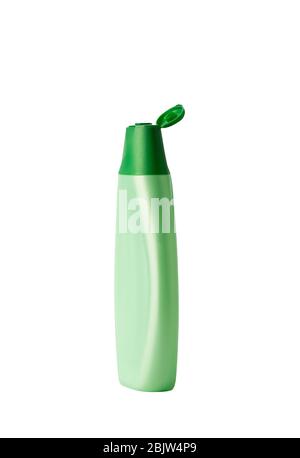 Empty green plastic bottle for household chemicals or personal hygiene with an open lid. Empty container isolated on a white background. Stock Photo