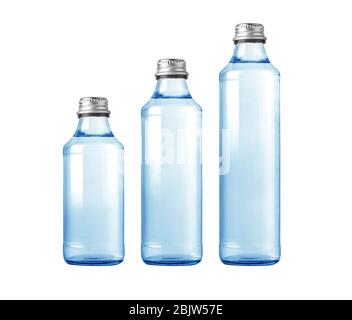 three blue glass water bottles isolated on white Stock Photo