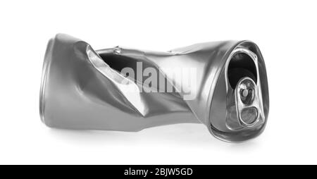 Crumpled tin can on white background Stock Photo