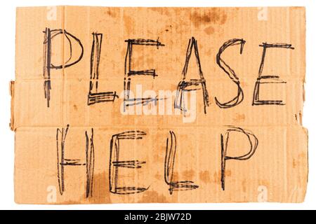 dirty rectangular flat sheet of cardboard plackard with words please help, isolated on white background Stock Photo