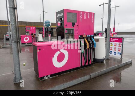 Fuel pumps of a typical Orkan self-service fuel station,petrol station,filling station/gas station in Borgarnes, Iceland. Stock Photo