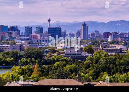Beijing / China - October 8, 2018: Panoramic view of west Beijing skyline dominated by the Central Television Tower, view from Jingshan park hill Stock Photo