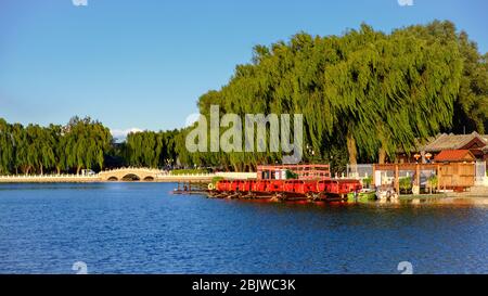 Shichahai ('the lake of ten temples') is a historic scenic area consisting of three lakes in the north of central Beijing. Around the lake are temples Stock Photo