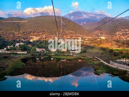 Sunset landscape seen to Dajti mountains from the Dajti Express cable ...