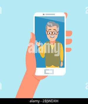 Vector of a hand holding smartphone having a video call with a senior person Stock Vector