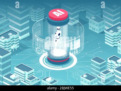 Vector of a smart interconnected digitalized city of the future with artificial intelligence centralized control Stock Vector