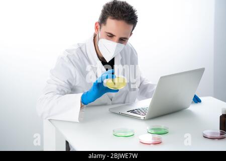 Young Male researcher or Scientist examining solution in petri dish at a laboratory. The researcher is analyzing the medicine related innovation. Bioc Stock Photo