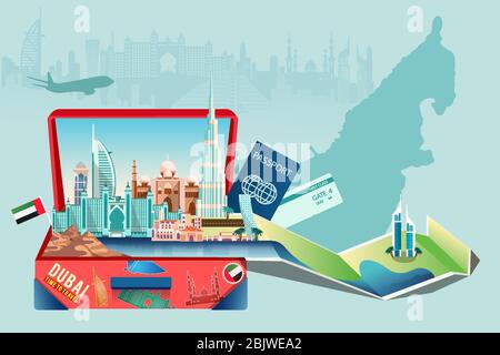 Business travel and tourism to Dubai concept. Vector of a luggage with modern buildings, landmarks and city skyline Stock Vector