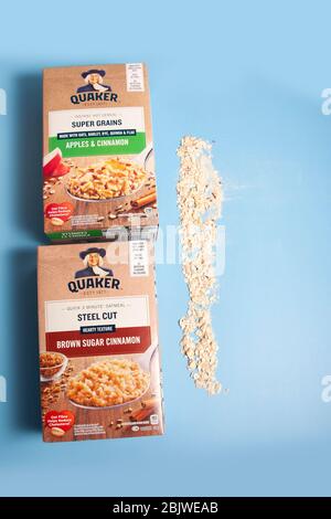 Halifax, Canada - April 11, 2020: Apple and brown sugar flavours of Quaker oatmeal Stock Photo