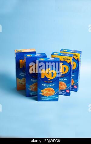 April 11, 2020- Halifax, Canada: Boxes of three cheese or original Kraft Dinner Stock Photo