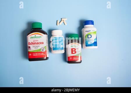 Halifax, Canada - April 11, 2020: Jamieson, Equate and Compliments brands of vitamins Stock Photo