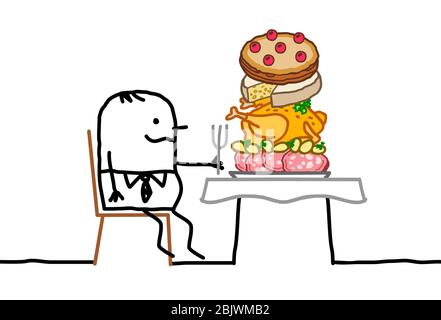 hand drawn Cartoon fat man sitting a a table, with a too big pile of food in his plate Stock Vector