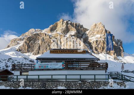Lagazuoi cable car (funivia, seilbahn) station at Falzarego Pass, Dolomites, Italy. Lagazuoi mountain in the background. Stock Photo