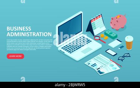 Vector of an office desk of an financial analyst, business administrator with piggy bank, finance documents, calculator and laptop Stock Vector