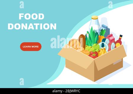 Vector of a box with groceries. Food donation drive program banner Stock Vector