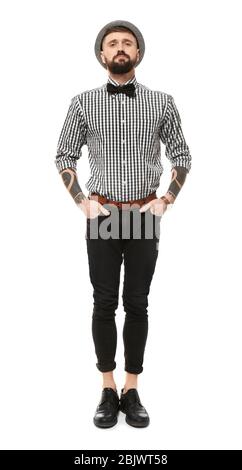 Portrait of handsome hipster in stylish outfit on white background Stock Photo