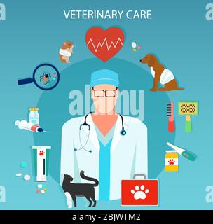 Vector of veterinary doctor taking care of domestic animals Stock Vector