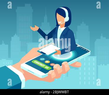Vector of a businessman hand holding smartphone with female call center agent offering customer support Stock Vector