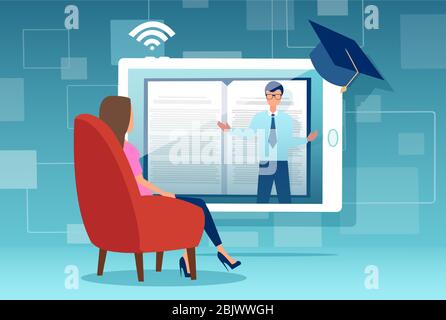 Vector of a woman watching online classes from home on tablet computer Stock Vector
