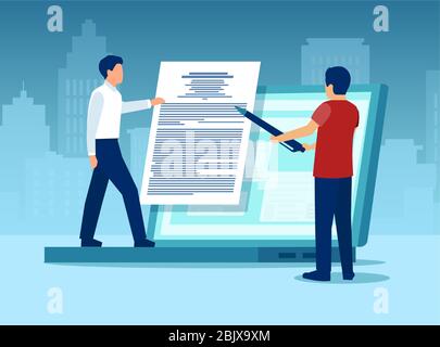 Vector of a man signing a document online using computer software Stock Vector