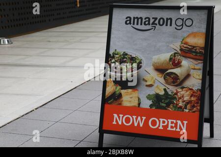 Seattle, WA, USA. 30th Apr, 2020. Sign at the exterior of an Amazon Go store in Seattle.The ecommerce retailer announced its Q1 2020 financials. The company reported earnings of $5.01 per share, below analyst expectations. Credit: Toby Scott/SOPA Images/ZUMA Wire/Alamy Live News Stock Photo
