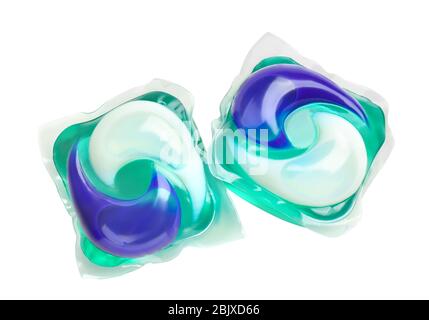 Detergent pods on white background. Laundry day Stock Photo