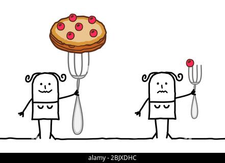 hand drawn Cartoon woman with a big pie on a fork, next to another one with just a small cherry Stock Vector