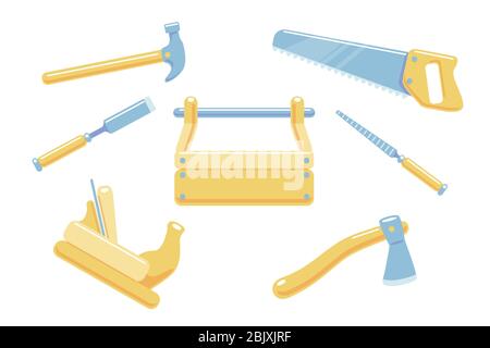 Carpentry tools Set elements isolated vector illustration. Hammer, toolbox, saw, plane, axe, chisel, file flat wood work icons. Cartoon hand carpenter instrument equipment. Simple construction tool. Stock Vector